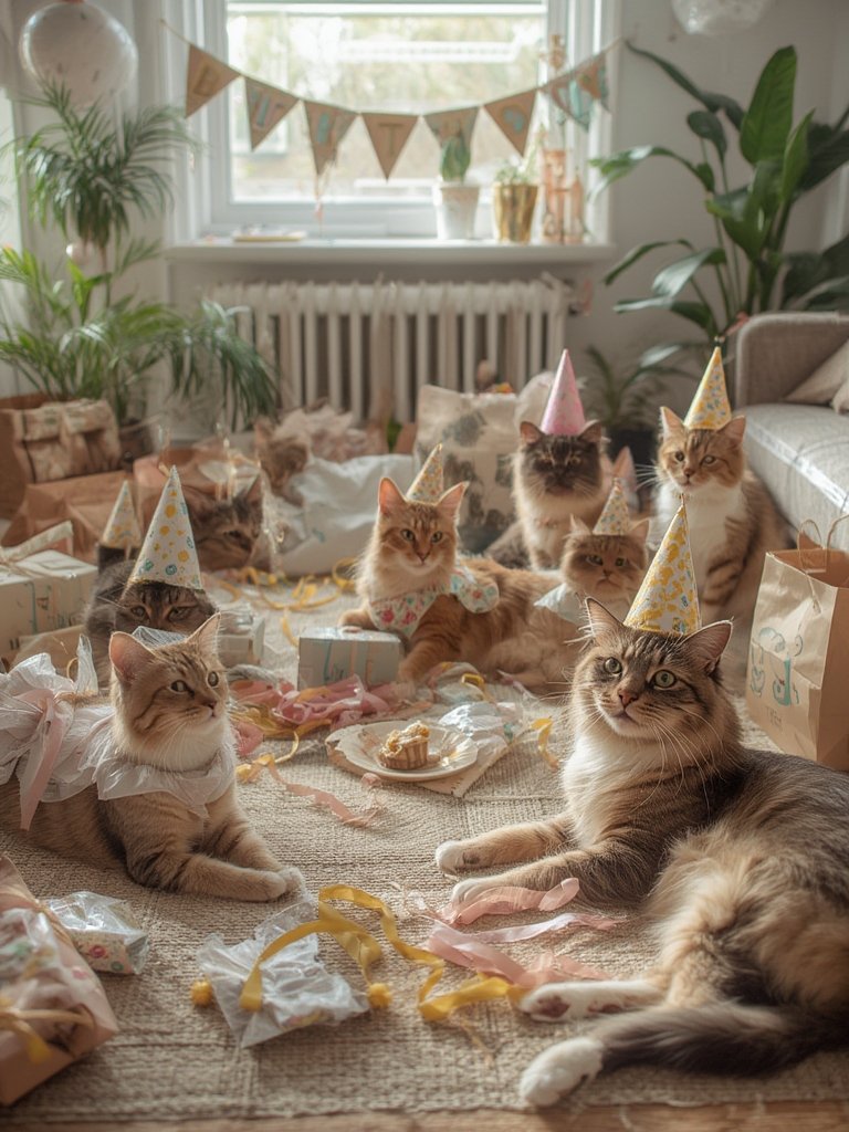 cat birthday party supplies with safe decorations and cat relaxing comfortably