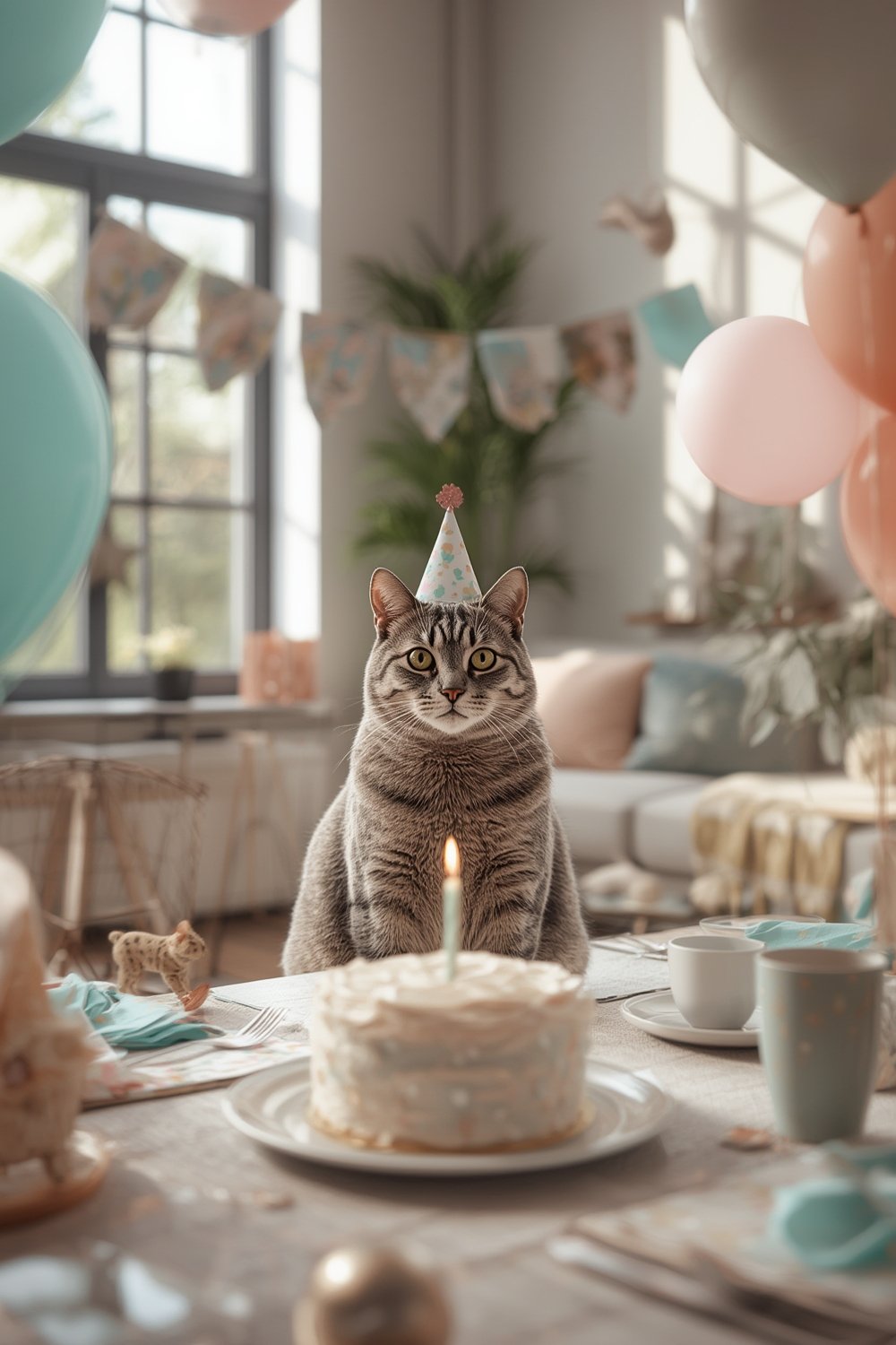 cat birthday party supplies arranged safely for a feline celebration