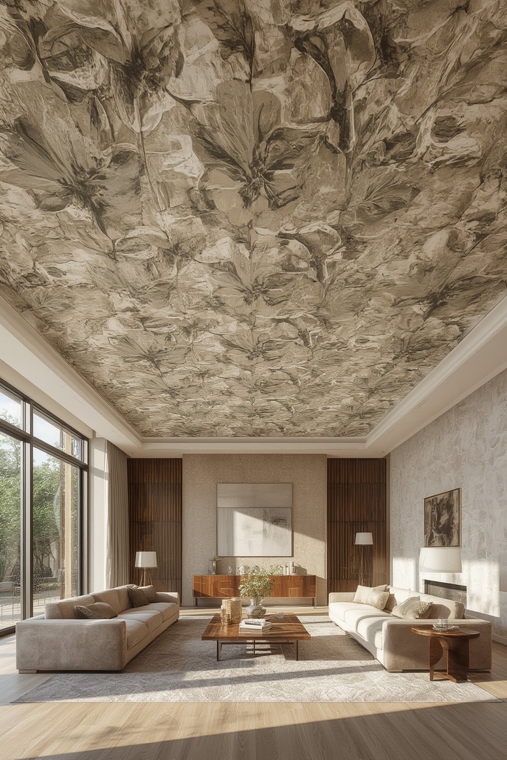 textured wallpaper ceiling treatment